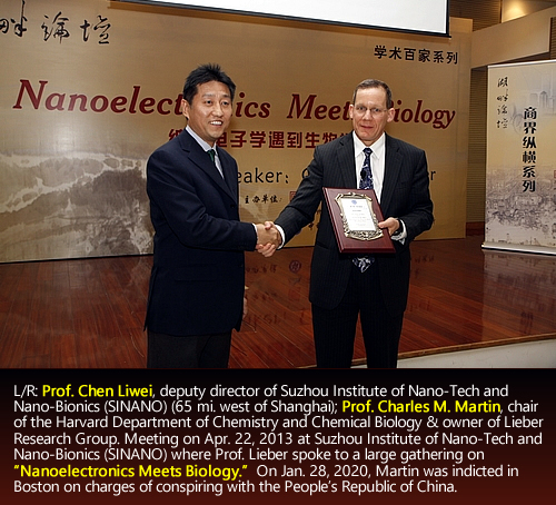 L/R: Prof. Chen Liwei, deputy director of Suzhou Institute of Nano-Tech and Nano-Bionics (SINANO) (65 mi. west of Shanghai); Prof. Charles M. Martin, chair of the Harvard Department of Chemistry and Chemical Biology & owner of Lieber Research Group. Meeting on Apr. 22, 2013 at Suzhou Institute of Nano-Tech and Nano-Bionics (SINANO) where Prof. Lieber spoke to a large gathering on  'Nanoelectronics Meets Biology.'  On Jan. 28, 2020, Martin was indicted in Boston on charges of conspiring with the People’s Republic of China.